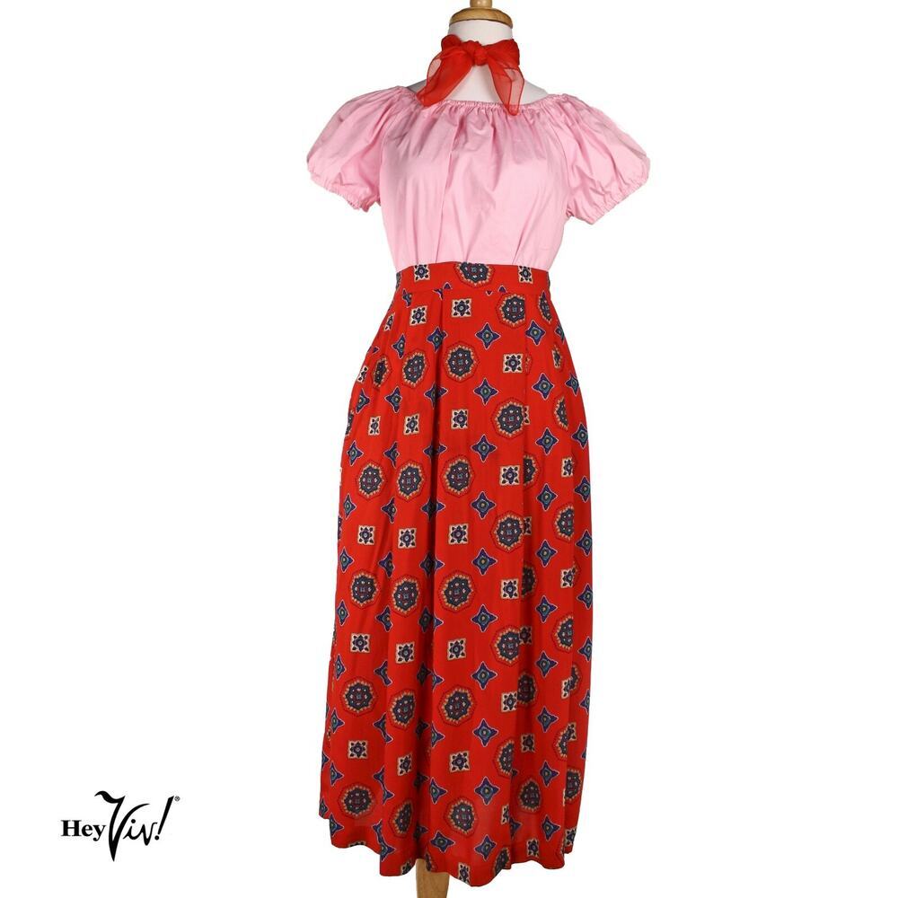 Vintage Chaus Skirt Red Rayon Print w Pocket Made in Japan Size L /16 - Hey Viv